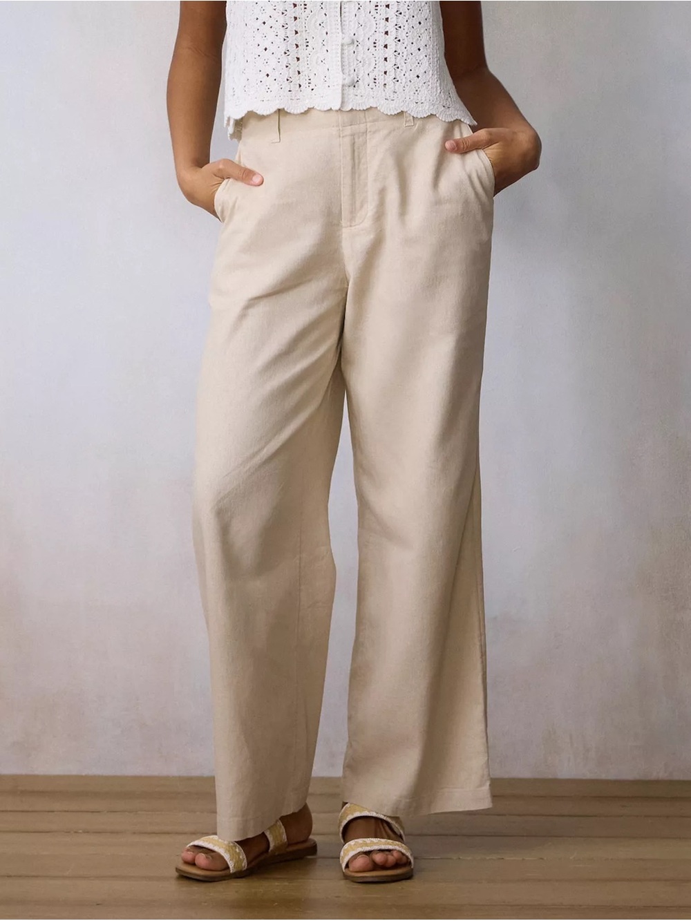 LC Wide Leg Cotton-Blend Pants in Beige